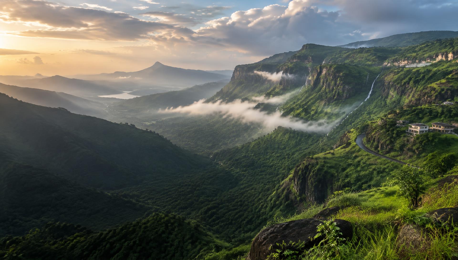 Monsoon clouds and waterfalls across Lonavala's green Sahyadri hills